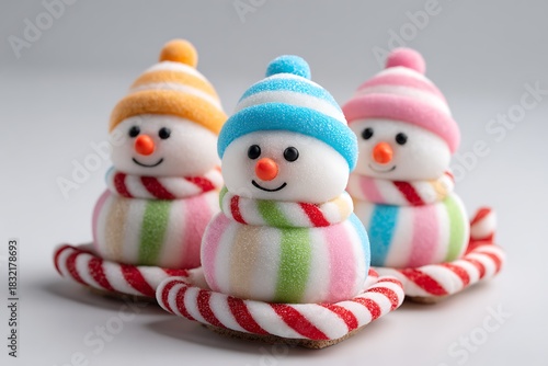 Three marshmallow snowmen on a candy sled isolated on white background