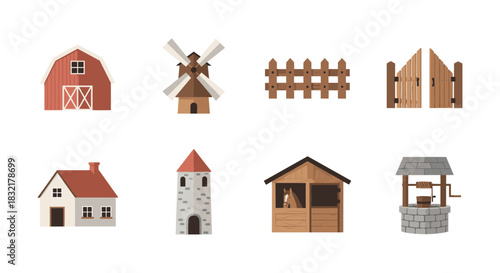 Flat farm elements: barn, windmill, fences, barnyard house, tower, stable, well