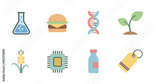 Set of flat icon designs: science, food, nature, technology, and commerce