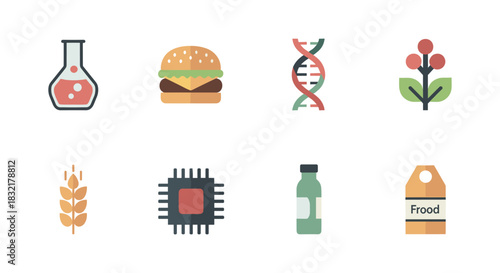 Flat icons set: biotechnology, food, and technology conceptual elements