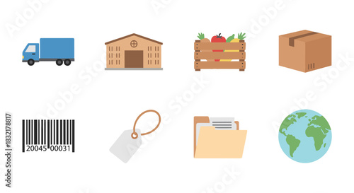 Logistics and shipping icons set: global transport, packaging, and storage