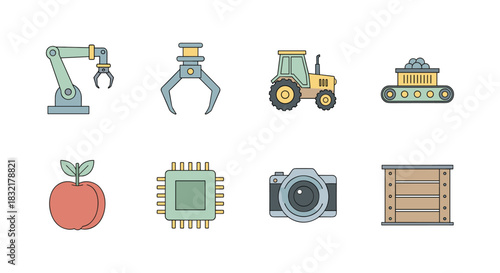 Colorful industrial and technology icon set featuring robot, tractor, and camera designs