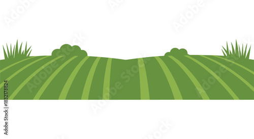Green agricultural field landscape with bushes and grassy hills