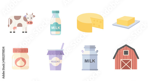 Charming flat icons of dairy products and farm elements