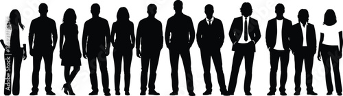 Business team silhouette group, corporate professionals standing, leadership concept, diversity workforce, collaboration unity, formal suits, office colleagues, modern minimal shadow composition.