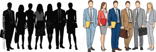 Business Team Silhouette vs Color Illustration, professionals group graphics, office workforce clipart set, men and women formal poses, 