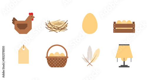 Farm elements set featuring hen, nest, egg, and more in a minimalist style