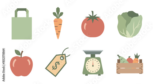 Fresh farmers market icons: eco-friendly shopping with vegetables and produce