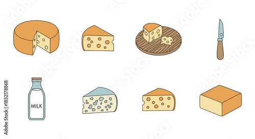 Cheese variety and dairy products in simple hand drawn style