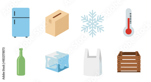Essential icons of cold storage and packaging in modern flat design
