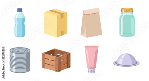 Assorted packaging collection: bottles, boxes, jars, and more icons on white background
