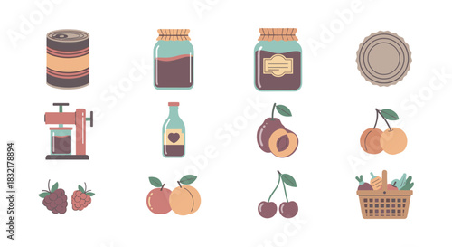 Rustic kitchen elements with canned and fresh fruits in flat design