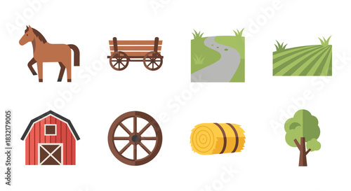 Farm landscape elements set featuring barn, horse, wagon, and countryside scenery