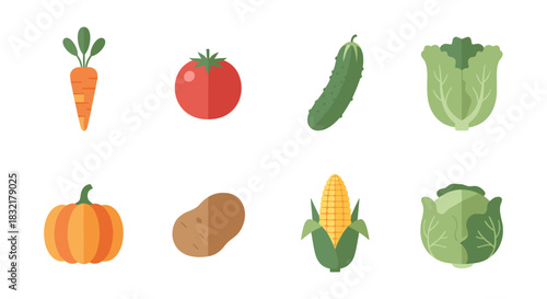 Colorful flat icons of fresh vegetables set on white background