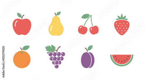 Colorful flat style fruit icons collection with pear, berry, and melon