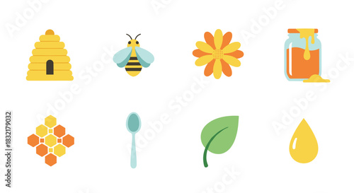 Colorful flat icons of beekeeping and honey elements on white background