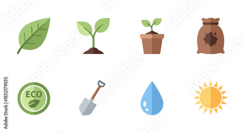 Gardening and eco icons set: nature, plant care, sustainability and growth