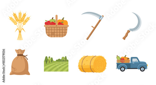 Harvest tools and farming icons: basket, scythe, truck, wheat, hay, landscape