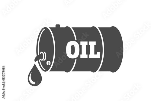 Illustration of a gray oil barrel with a drop of oil and the word oil on it