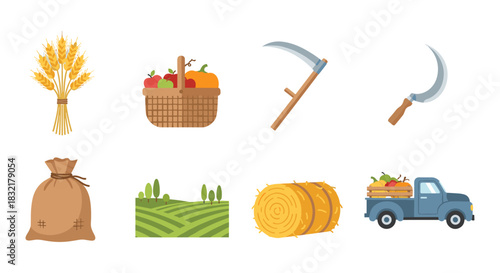 Harvest tools and farming scene with wheat, apples, and countryside elements