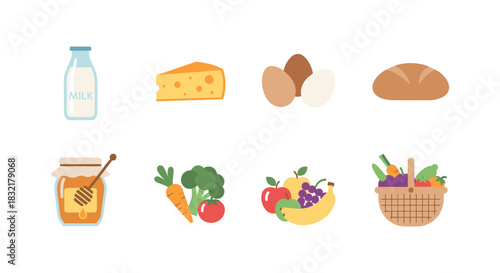 Colorful flat design grocery icons featuring cheese, eggs, bread, and fresh produce