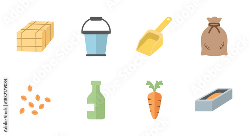 Farm essentials icons: agriculture tools and produce in flat design