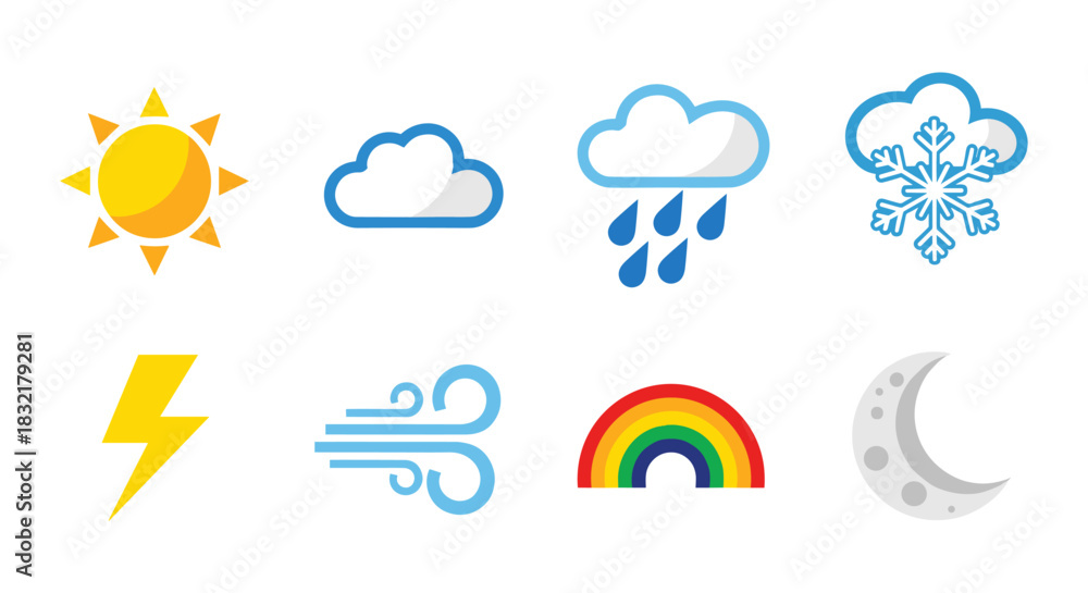 Obraz premium Weather icons: sun, cloud, rain, snowflake, lightning, wind, rainbow, moon