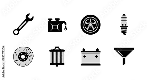 Automotive maintenance icons: wrench, oil can, tire, spark plug, brake disc, filter, battery, funnel