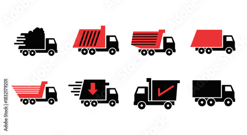 Set of flat icon trucks with red and black color schemes for transportation and delivery