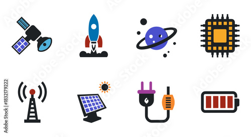 Futuristic technology icons: space, energy, communications, and computing