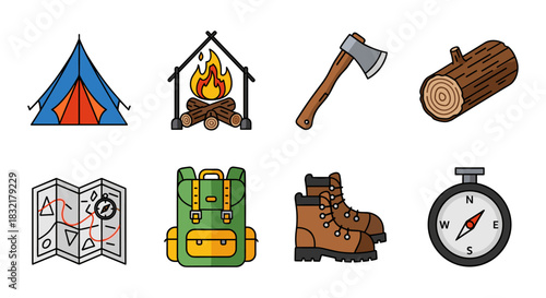 Essential camping gear icons set for outdoor adventure enthusiasts
