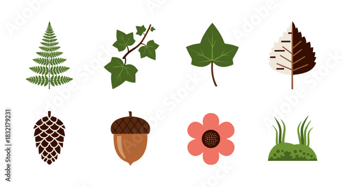 Nature elements collection: flat style leaf, flower, and seed icons for eco design