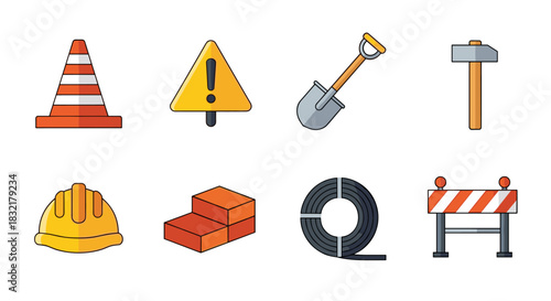 Construction tools and warning icons in colorful flat style