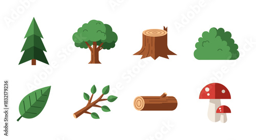 Flat nature icons: trees, plants, and mushrooms for design projects