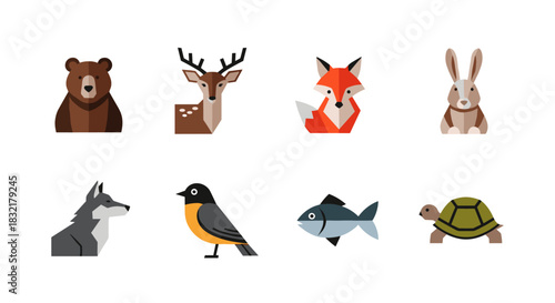 Minimalist animal icons set featuring forest and woodland creatures in flat design