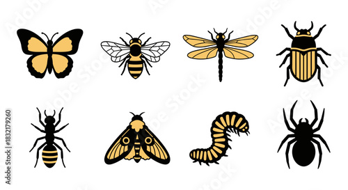Insect silhouettes set with butterfly, bee, dragonfly, beetle, ant, moth, caterpillar, spider