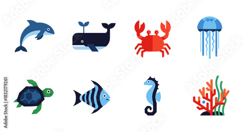 Colorful sea creatures: icon set featuring whale, dolphin, crab, and more