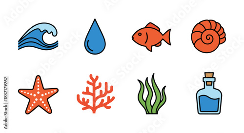 Colorful marine icons set: waves, aquatic life, and ocean elements