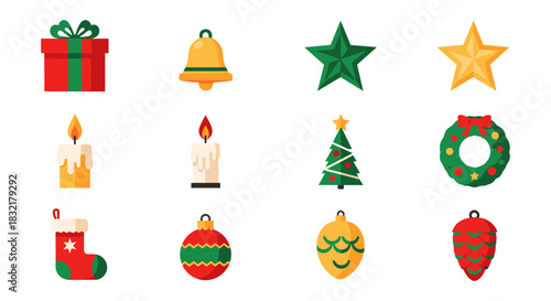 Festive flat christmas icons: gifts, bells, stars, and holiday decorations