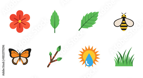 Nature elements collection: flowers, leaves, insects, and more in flat design