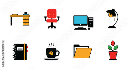Colorful office icons set: desk, chair, computer, lamp, notebook, coffee, folder, plant