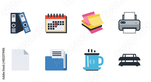 Office supplies set: folders, calendar, sticky notes, printer, and more in flat design