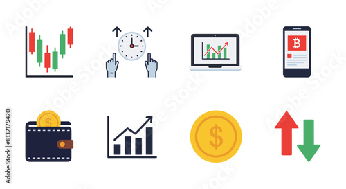 Financial growth icons featuring crypto, stocks, and market trends in modern flat style
