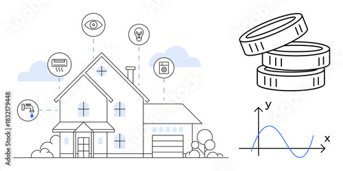Residential house connected with smart home icons for security, lighting, appliances, water. Stacked coins and graph represent cost-saving, energy efficiency. Ideal for home automation, technology