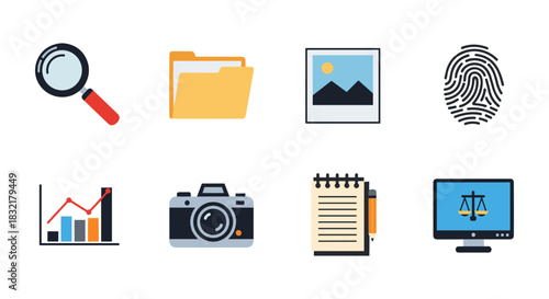 Essential icons: magnifying glass, folder, camera, notebook, and more for business and technology