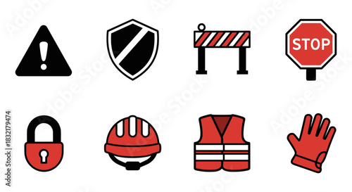 Safety and security icon set featuring helmets, barriers, and warning signs