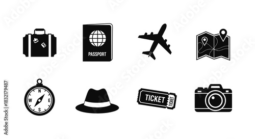 Travel icons set: luggage, passport, and airlines in black silhouette style