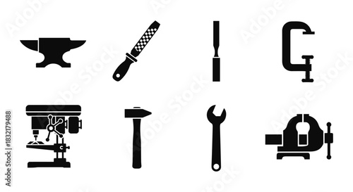 Industrial black silhouette icons of tools for metalwork and carpentry