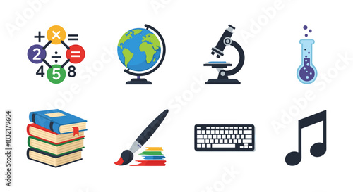 Educational icons: globe, microscope, and more in flat design