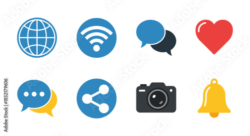 Modern communication and technology icons: connectivity, messaging, social media